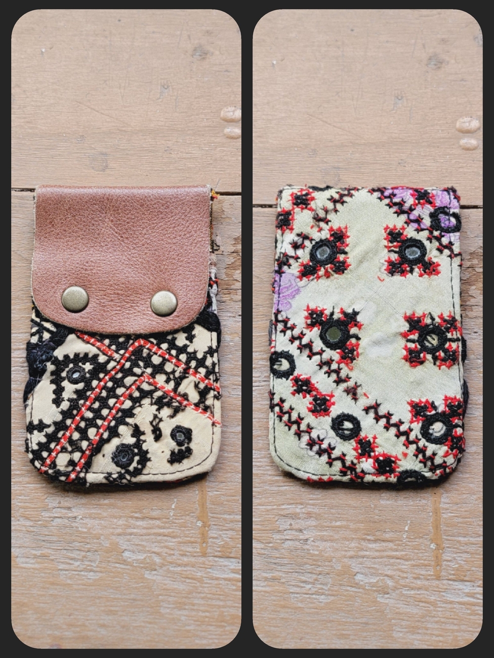 Free People embroidered banjara boho repurposed vtg leather wallet card case